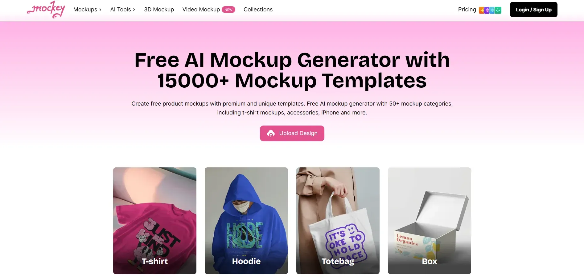 Mockey homepage showing mockup categories like T-shirt, Hoodie, Totebag, and Box.